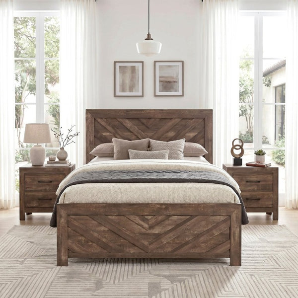 English Elm Brown Rustic Lodge California King Bedroom Set with V-Pattern Panel Bed Dresser Mirror B011S07824