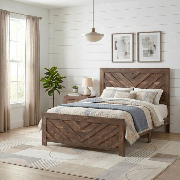 English Elm Brown Rustic Lodge California King Bedroom Set with V-Pattern Panel Bed Dresser Mirror B011S07824