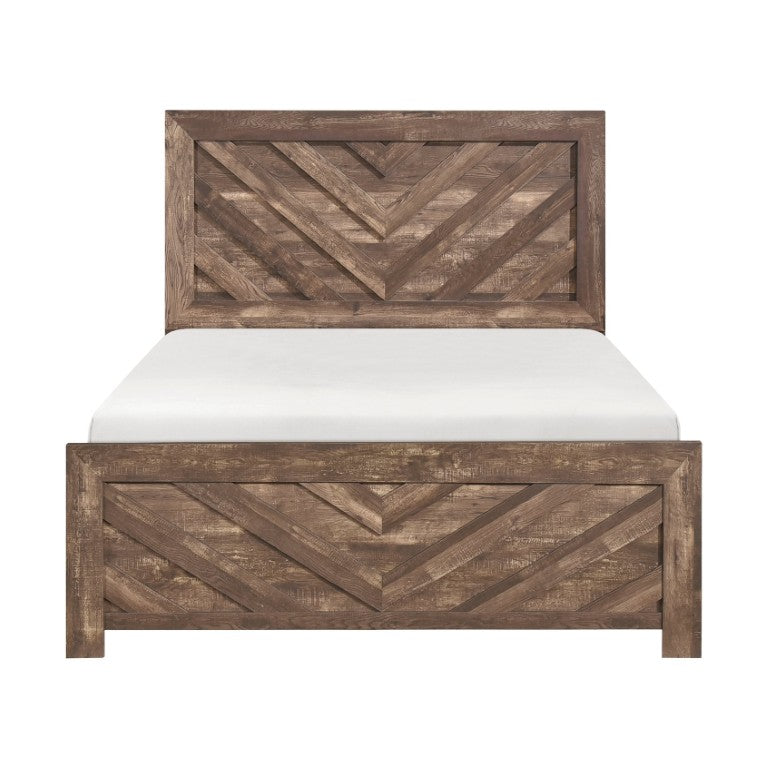 English Elm Brown Rustic Lodge California King Bedroom Set with V-Pattern Panel Bed Dresser Mirror B011S07824