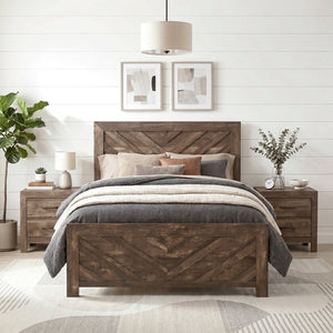 English Elm Brown Rustic Lodge Full Bedroom Set with V-Pattern Bed Dresser and Vanity Mirror B011S07827