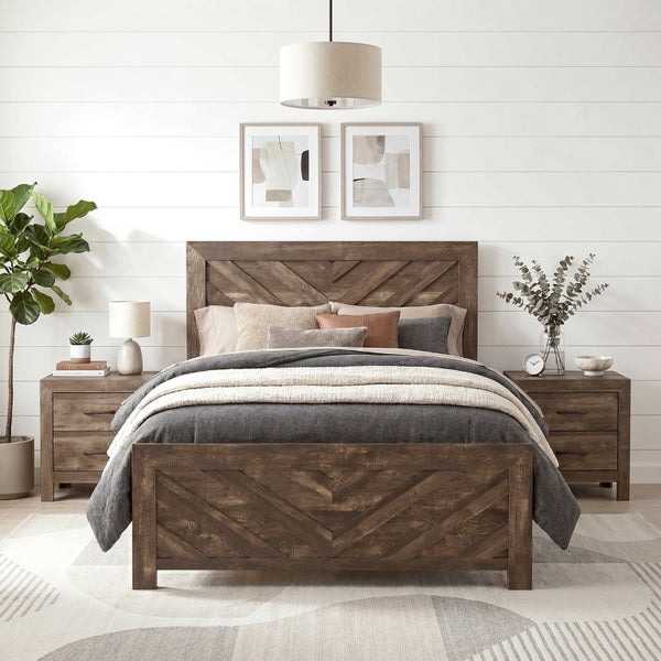 English Elm Brown Rustic Four Piece Bedroom Set with V Pattern Headboard and Faux Wood Grain Finish B011S07828