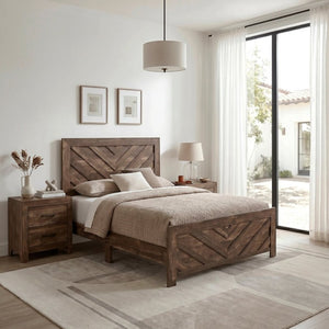 English Elm Brown Rustic Four Piece Bedroom Set with V Pattern Headboard and Faux Wood Grain Finish B011S07828