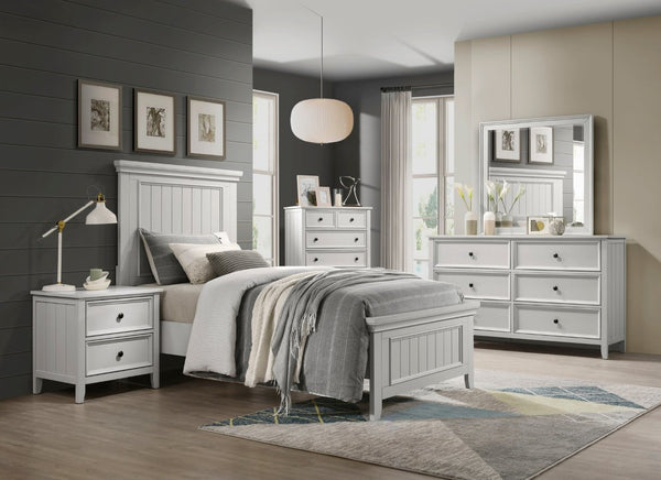 English Elm White Farmhouse Bedroom Set with Shiplap Panel Detailing Eastern King Bed Nightstand Chest B011S07830