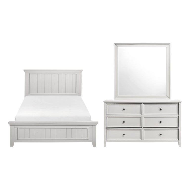 English Elm White Farmhouse Queen Bedroom Set with Shiplap Panel Bed Dresser and Framed Mirror B011S07837