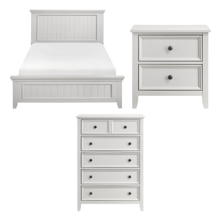 English Elm White Shiplap Panel Farmhouse Bedroom Set with Full Bed Nightstand and Wood Chest B011S07839