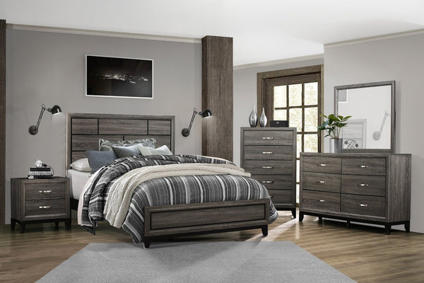 English Elm Gray Modern Bedroom Set with Full Bed Dresser and Mirror in Wood Grain Melamine B011S07862