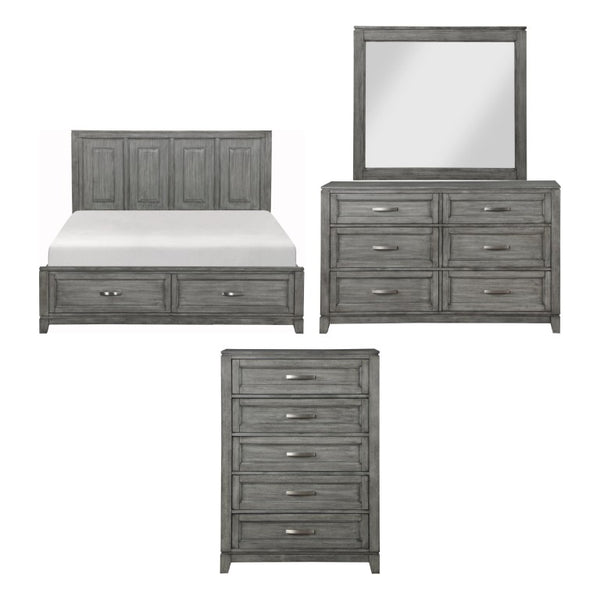 English Elm Gray Okume Veneer Eastern King Bedroom Set with Storage Footboard and Nickel Pulls B011S07867