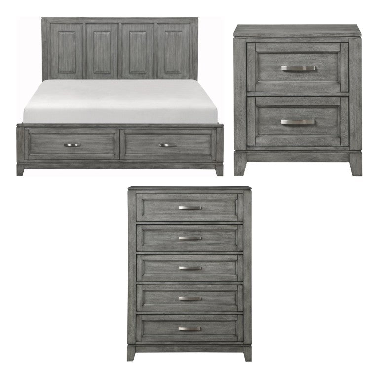 English Elm Gray Okume Veneer California King Bedroom Set with Storage Footboard and Nickel Pulls B011S07870