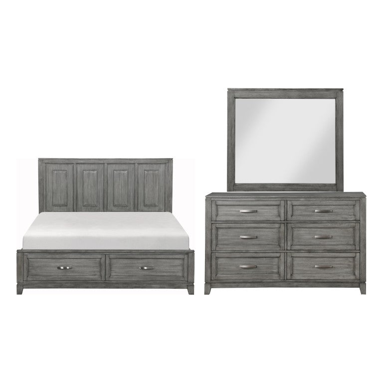 English Elm Gray Okume Veneer California King Bedroom Set with Storage Footboard and Dresser Mirror B011S07871