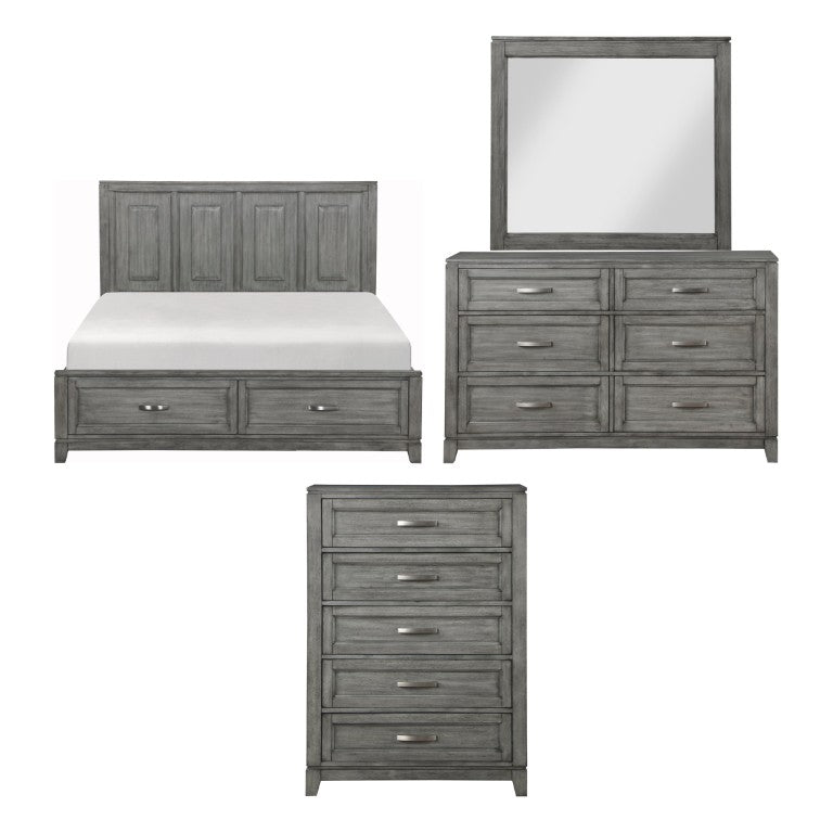 English Elm Gray Okume Veneer California King Bedroom Set with Dresser Mirror and Storage Chest B011S07872