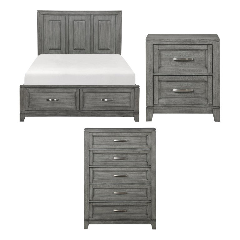 English Elm Gray Queen Bedroom Set with Okume Veneer Finish Nightstand Chest and Storage Footboard B011S07875