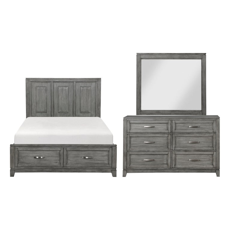 English Elm Gray Queen Bedroom Set with Okume Veneer Dresser Mirror and Storage Footboard B011S07876