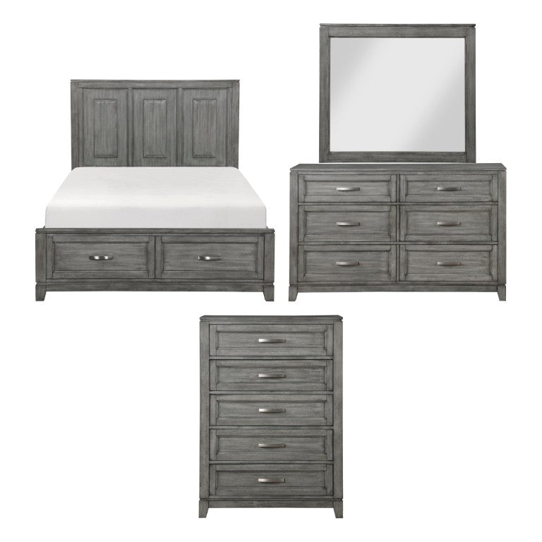 English Elm Gray Queen Bedroom Set with Okume Veneer Dresser Mirror Chest and Storage Bed B011S07877