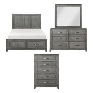 English Elm Gray Queen Bedroom Set with Okume Veneer Dresser Mirror Chest and Storage Bed B011S07877