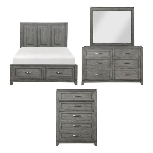 English Elm Gray Queen Bedroom Set with Okume Veneer Dresser Mirror Chest and Storage Bed B011S07877