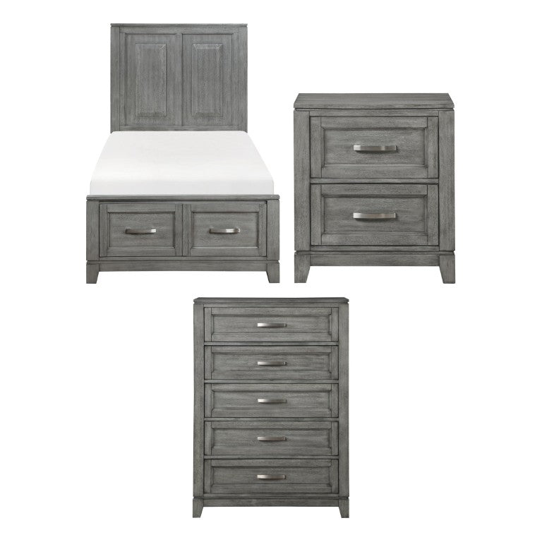 English Elm Gray Okume Veneer Twin Bedroom Set with Storage Bed Nightstand and Matching Chest B011S07885
