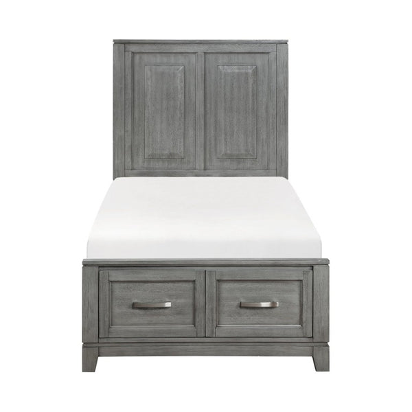 English Elm Gray Okume Veneer Twin Bedroom Set with Storage Footboard Dresser and Wall Mirror B011S07886