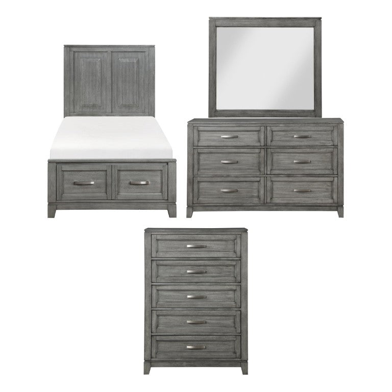 English Elm Gray Transitional Twin Bedroom Set with Okume Veneer Dresser Mirror and Storage Chest B011S07887