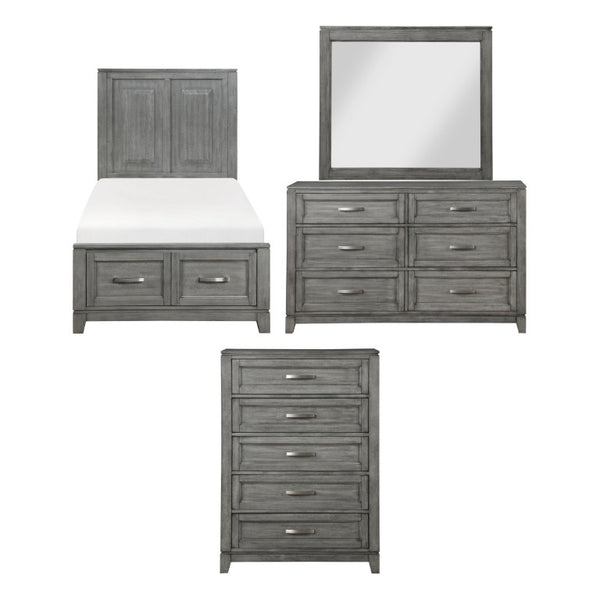 English Elm Gray Transitional Twin Bedroom Set with Okume Veneer Dresser Mirror and Storage Chest B011S07887