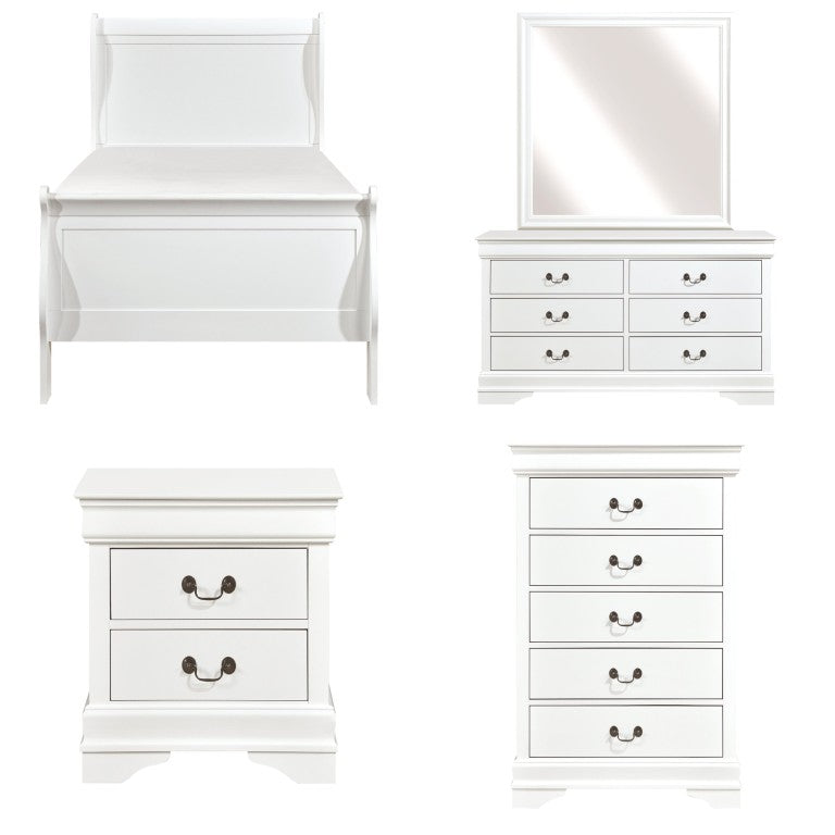 English Elm Cherry Louis Philippe Twin Sleigh Bed Set White Wood Finish with Brass Hardware 5-Piece B011S08019