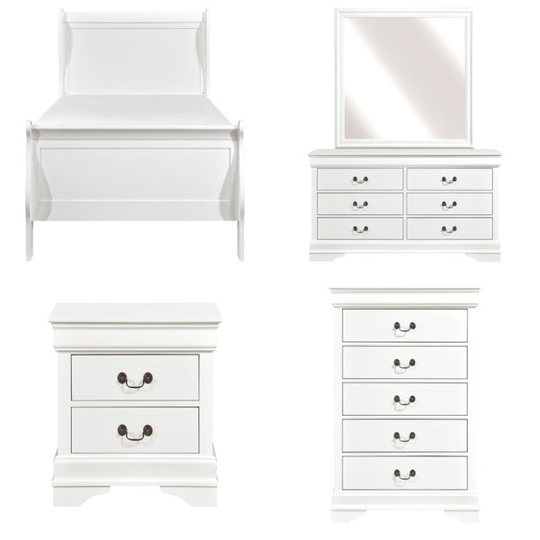 English Elm Cherry Louis Philippe Twin Sleigh Bed Set White Wood Finish with Brass Hardware 6-Piece B011S08020