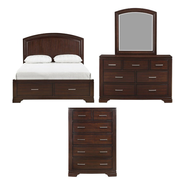 English Elm Cherry Finish Queen Bedroom Set with Dresser Mirror Chest and Storage Drawers B011S08030