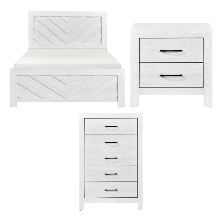 English Elm White Three Piece Bedroom Collection with Dresser Nightstand and Curved Mirror Frame White Eastern King Bed, Nightstand & Chest B011S08037