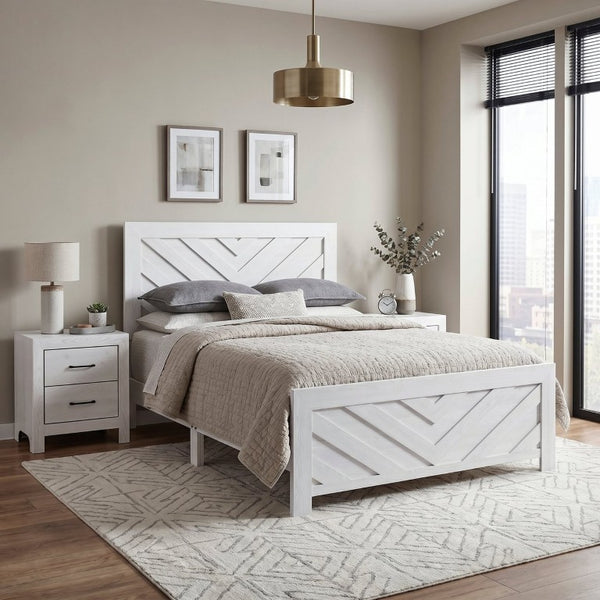 English Elm White Three Piece Bedroom Collection with Dresser Nightstand and Curved Mirror Frame White Eastern King Bed, Nightstand & Chest B011S08037