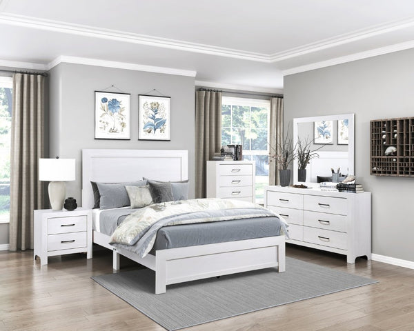 English Elm White Three Piece Bedroom Collection with Dresser Nightstand and Curved Mirror Frame White Eastern King Bed, Nightstand & Chest B011S08037