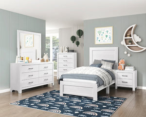 English Elm White Three Piece Bedroom Collection with Dresser Nightstand and Curved Mirror Frame White Eastern King Bed, Nightstand & Chest B011S08037