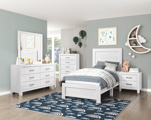 English Elm White Three Piece Bedroom Collection with Dresser Nightstand and Curved Mirror Frame White Eastern King Bed, Nightstand & Chest B011S08037