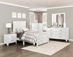 English Elm White Three Piece Bedroom Collection with Dresser Nightstand and Curved Mirror Frame White Eastern King Bed, Nightstand & Chest B011S08037