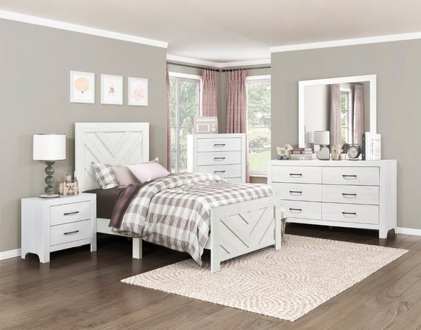 English Elm White Three Piece Bedroom Collection with Dresser Nightstand and Curved Mirror Frame White Eastern King Bed, Nightstand & Chest B011S08037