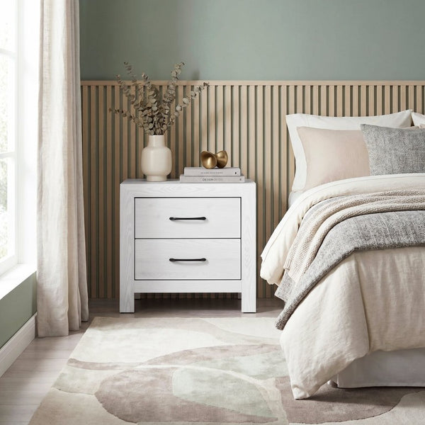 English Elm White Three Piece Bedroom Collection with Dresser Nightstand and Curved Mirror Frame White Eastern King Bed, Nightstand & Chest B011S08037