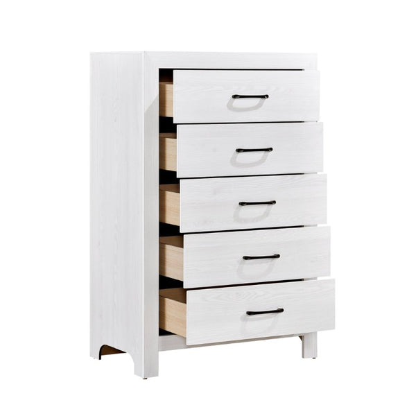 English Elm White Three Piece Bedroom Collection with Dresser Nightstand and Curved Mirror Frame White Eastern King Bed, Nightstand & Chest B011S08037