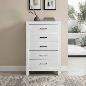 English Elm White Three Piece Bedroom Collection with Dresser Nightstand and Curved Mirror Frame White Eastern King Bed, Nightstand & Chest B011S08037