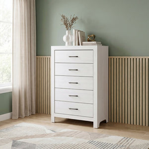 English Elm White Three Piece Bedroom Collection with Dresser Nightstand and Curved Mirror Frame White Eastern King Bed, Nightstand & Chest B011S08037
