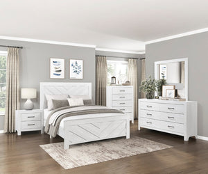 English Elm White Three Piece Bedroom Collection with Dresser Nightstand and Curved Mirror Frame White Eastern King Bed, Nightstand & Chest B011S08037