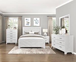 English Elm White Three Piece Bedroom Collection with Dresser Nightstand and Curved Mirror Frame White Eastern King Bed, Nightstand & Chest B011S08037