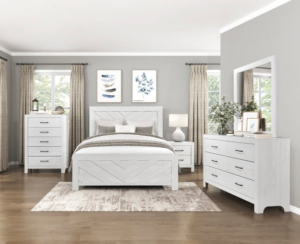 English Elm White Three Piece Bedroom Collection with Dresser Nightstand and Curved Mirror Frame White Eastern King Bed, Nightstand & Chest B011S08037
