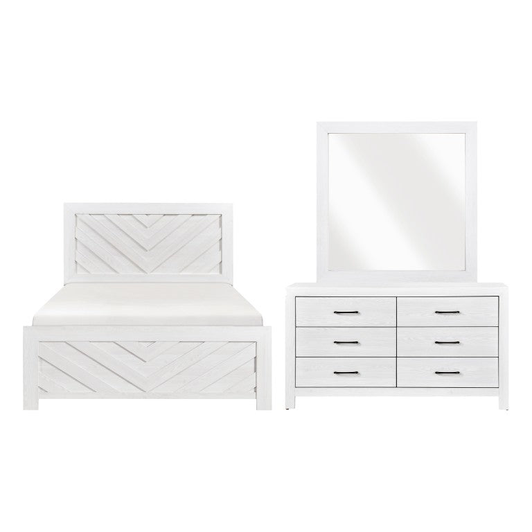 English Elm White Full Panel Bed Dresser Mirror Set with V-Pattern Headboard and Wood Grain Finish B011S08044