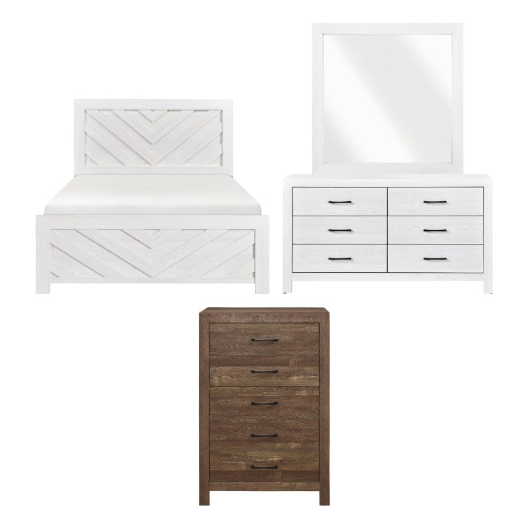 English Elm White Full Bedroom Set with V-Panel Bed Dresser Mirror and Chest in Wood Grain Finish B011S08045
