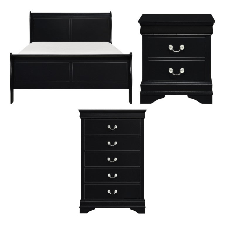 English Elm Black Louis Philippe Sleigh Bedroom Collection with Okume Veneer and Antique Nickel Eastern King Bed, Nightstand & Chest B011S08047