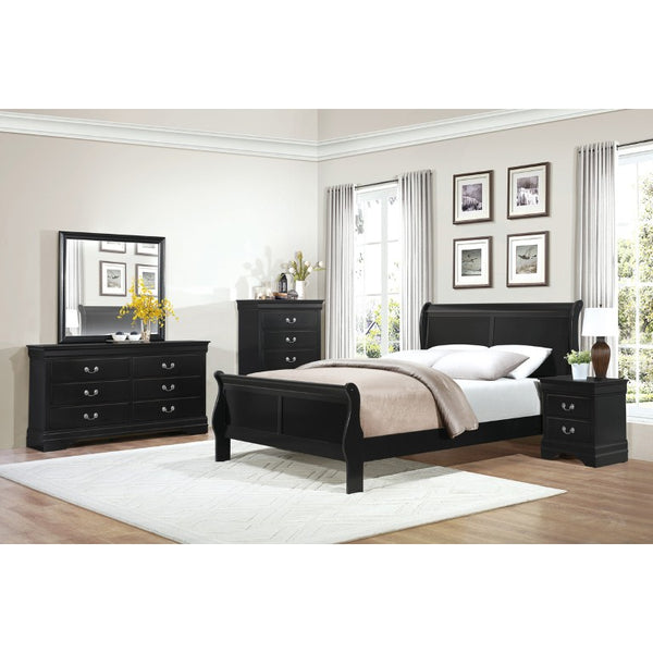 English Elm Black Louis Philippe Sleigh Bedroom Collection with Okume Veneer and Antique Nickel Queen Bed, Dresser & Mirror B011S08054