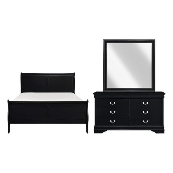 English Elm Black Louis Philippe Sleigh Bedroom Collection with Okume Veneer and Antique Nickel Full Bed, Dresser & Mirror B011S08057