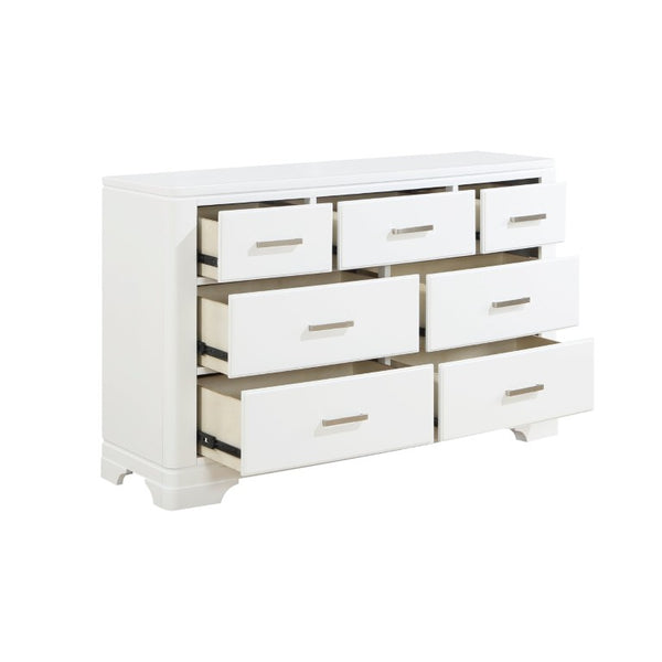 English Elm White Three Piece Bedroom Collection with Dresser Nightstand and Curved Mirror Frame White Nightstand, Dresser & Mirror B011S08062