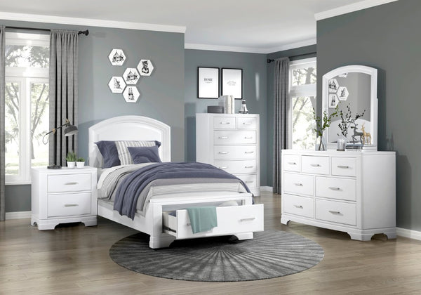 English Elm White Three Piece Bedroom Collection with Dresser Nightstand and Curved Mirror Frame White Nightstand, Dresser & Mirror B011S08062