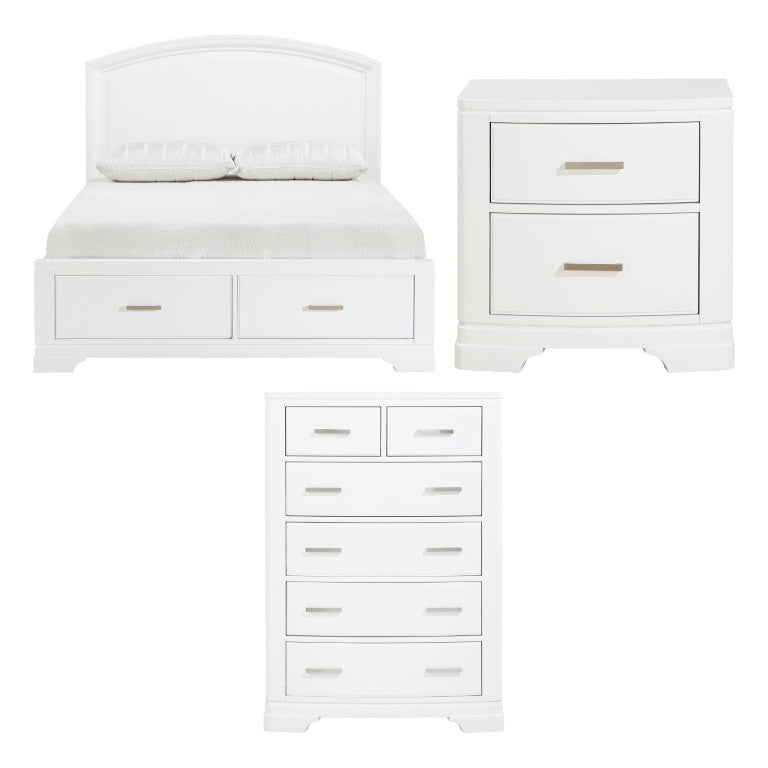 English Elm White Lacquer Full Bedroom Set with Storage Footboard Chrome Pulls and Curved Headboard B011S08072