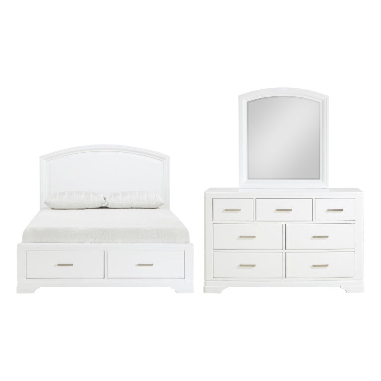 English Elm White Full Bedroom Set with Curved Headboard Footboard Storage Dresser and Mirror B011S08073
