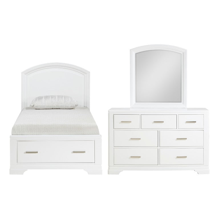 English Elm White Lacquer Twin Bedroom Set with Arched Headboard Dresser and Coordinating Mirror B011S08076